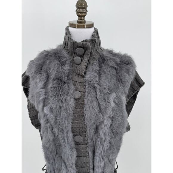 Dolce Cabo Vintage Gray Rabbit Fur Wool Snap Front Tie Waist Sweater Vest Sz XL - Picture 2 of 6